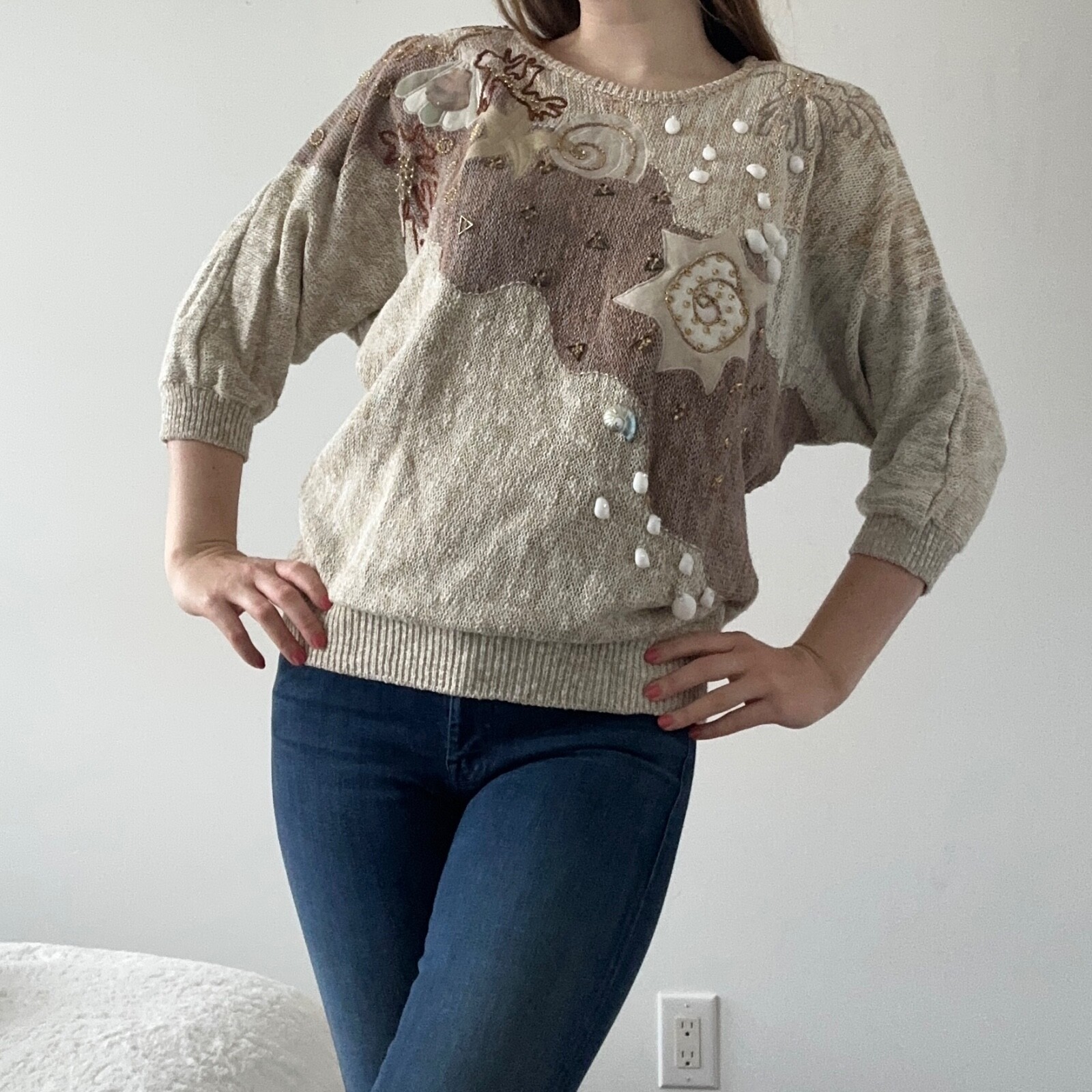 Mariea Kim 80s oversized sweater nautical beach embellished sea shells cotton M