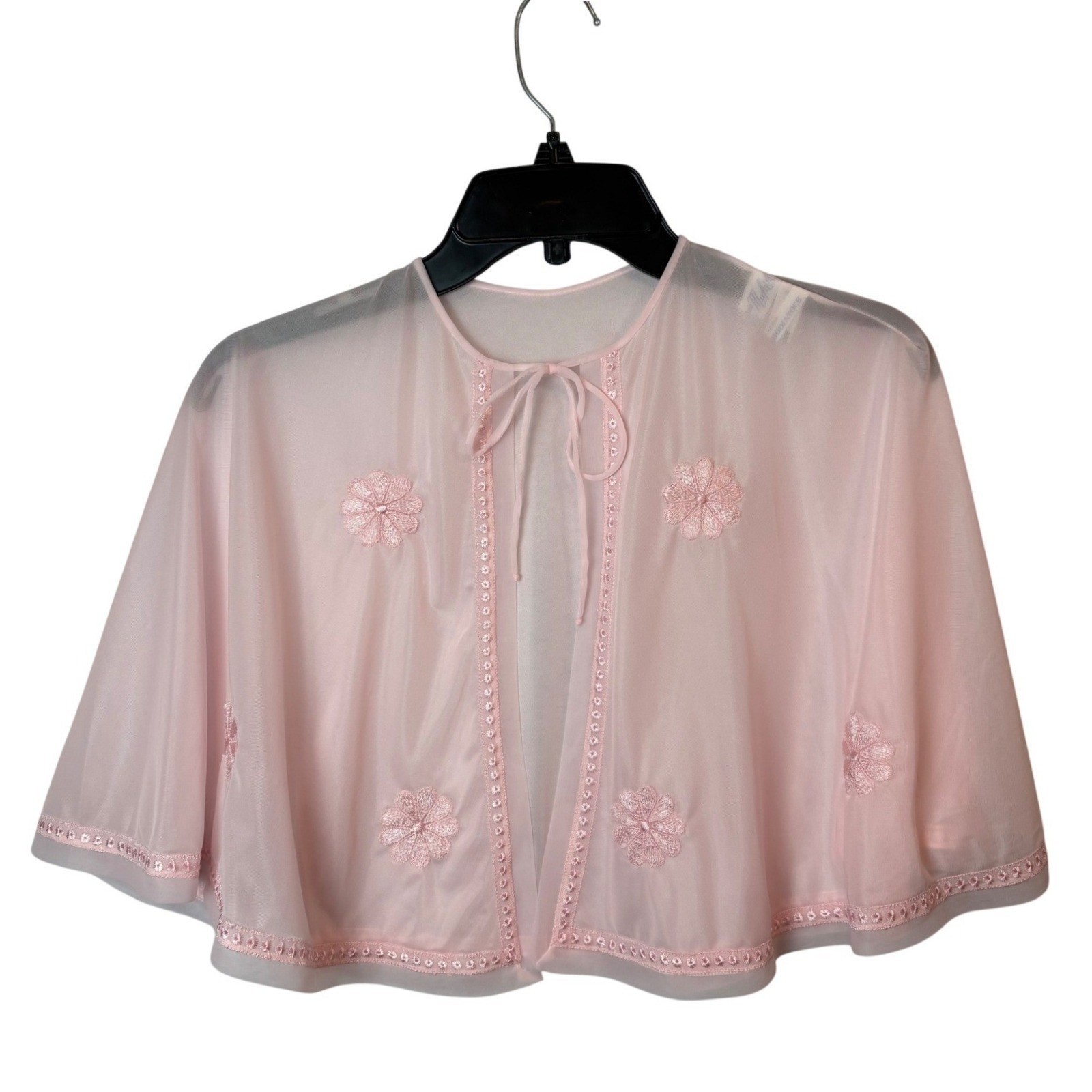Vintage 1950s Mafri Pink Sheer Nylon Bed Jacket Capelet Applique Made in Italy