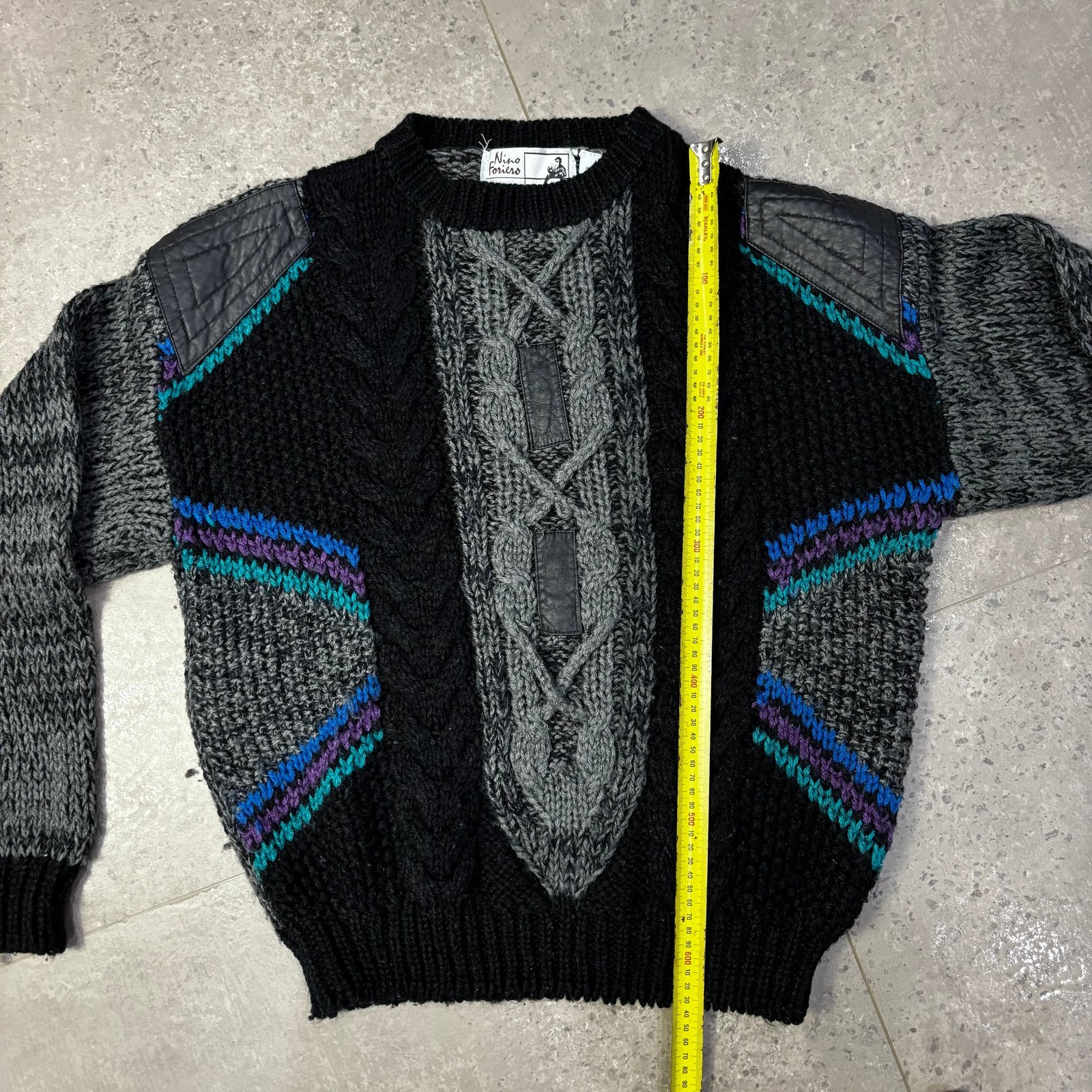 Nino Forino Vintage Sweater Men’s M/L Black Grey Cable Knit Crew Neck