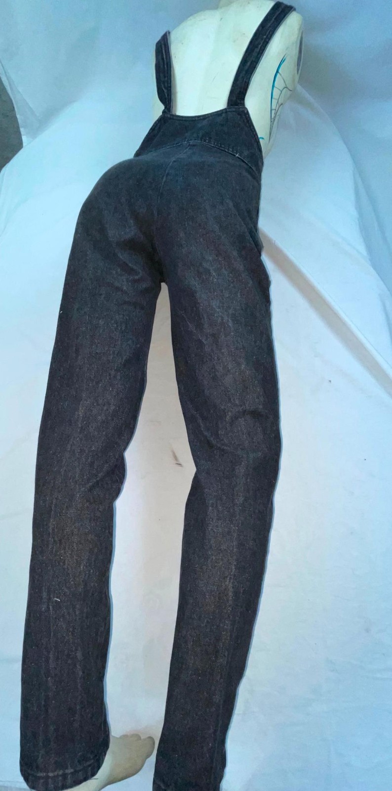 VTG 80S 90S WOMENS S BLACK FREDERICKS OF HOLLYWOOD STONE WASHED DENIM OVERALLS