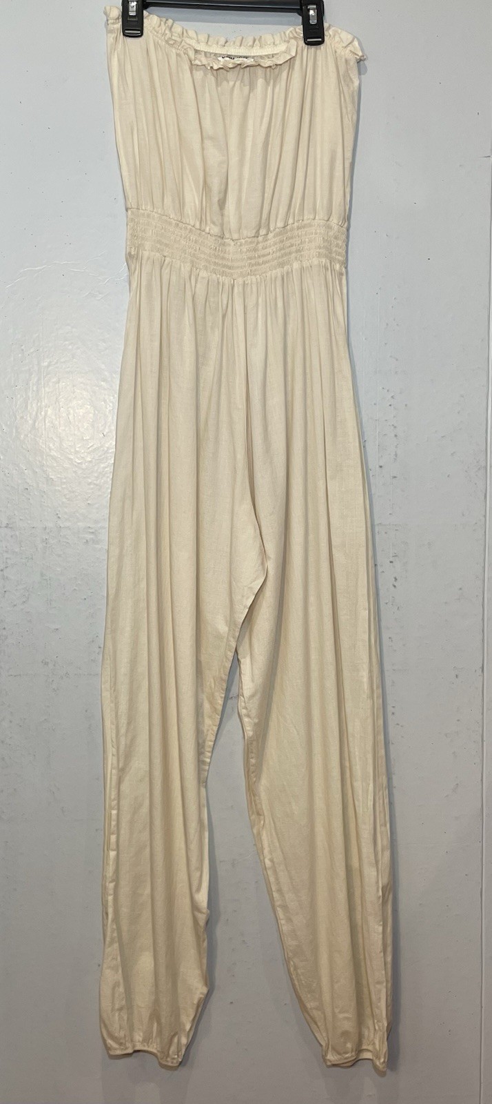 Vintage Miss Dior Jumpsuit Strapless Romper Size 13 Ivory Smocked Ruffles Boho