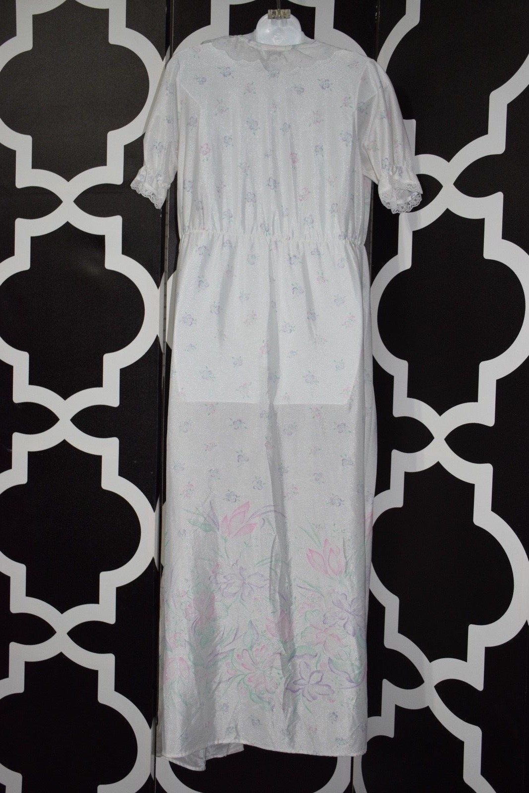 VTG Paramount New York Nightgown Peignoir Flowers white Robe Medium Nylon