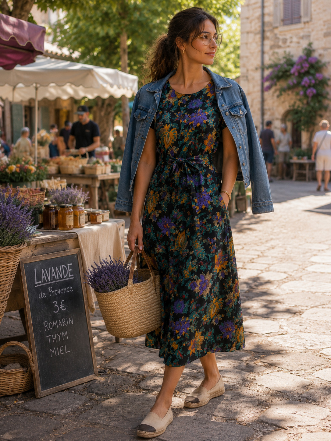 Vintage French Dress Crepe Made in France Floral Midi Dress Size 42 44