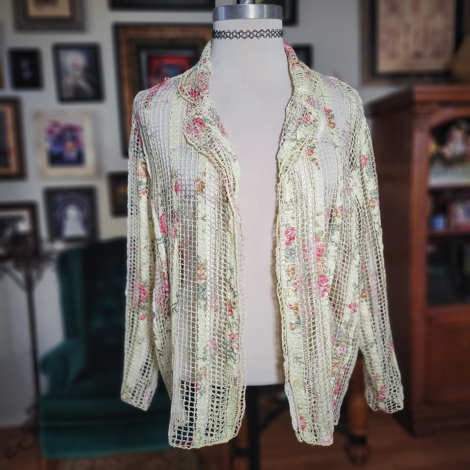 Demisienne Lace Cardigan Vintage Y2K Floral Mesh Sheer Jacket Yellow Boho Large
