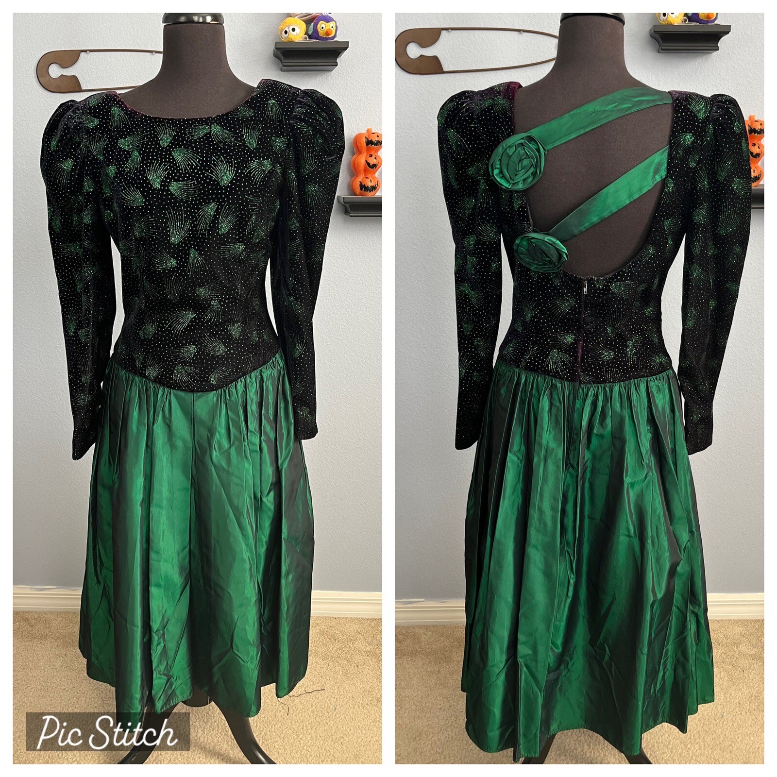 Vtg Black Velvet Taffeta Leg Of Mutton Sleeve Dress Leslie Fay Evenings XS