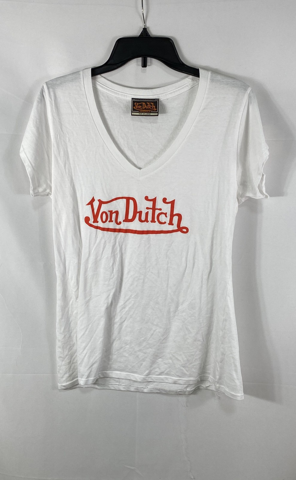 Vintage Y2K Von Dutch Women’s White Red Logo V-Neck T-Shirt Sz XXL