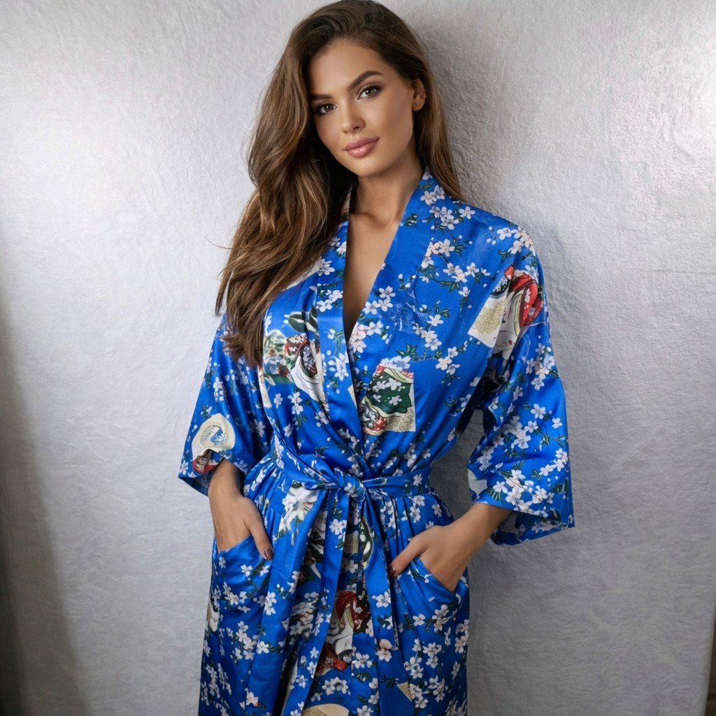 Vintage Kimono Robe Womens M Satin Royal Blue Japanese Style Geisha Artsy