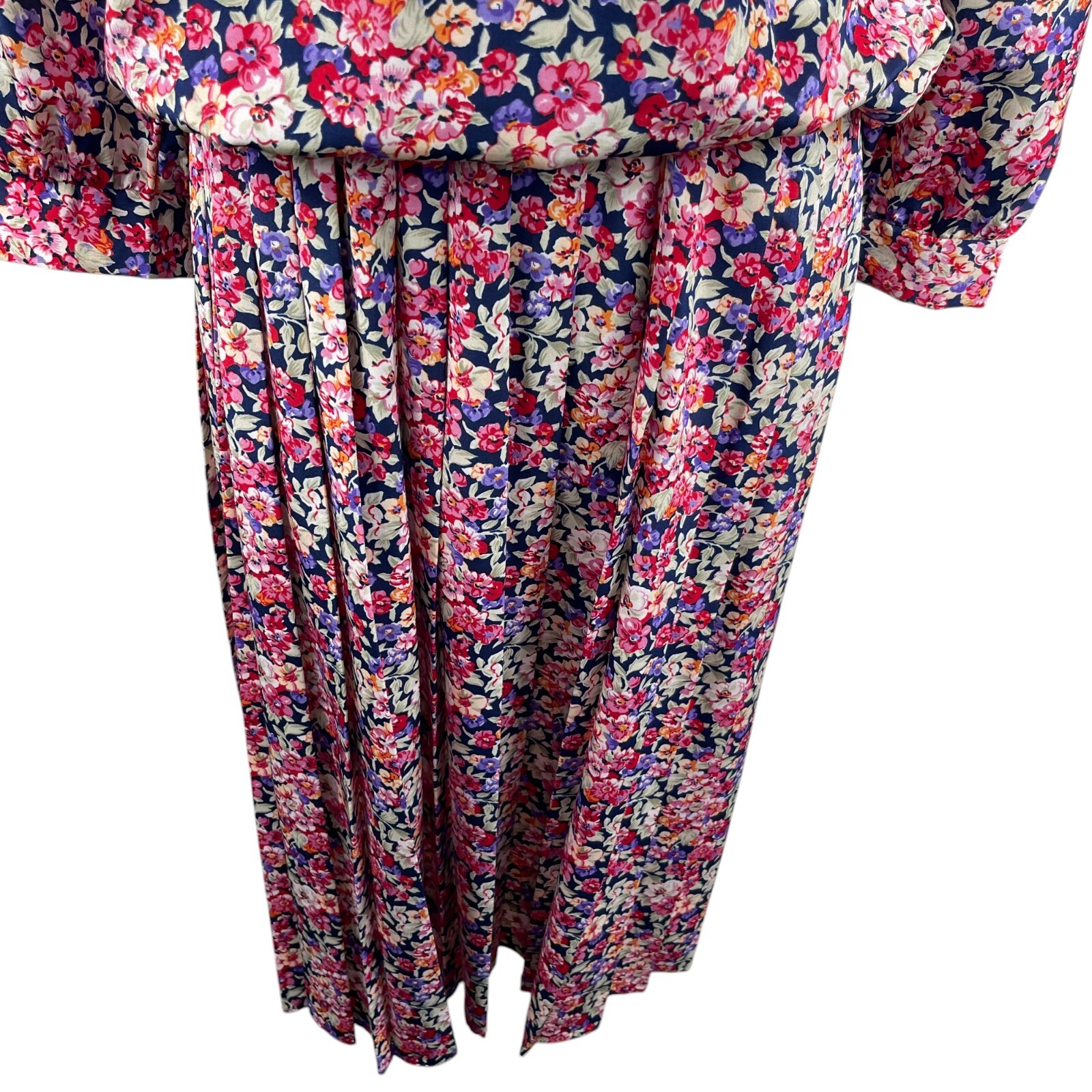 VTG 90s Floral Puff Sleeve Pleated Dress 11/12 Cottage Shoulder Pads Granny Boho