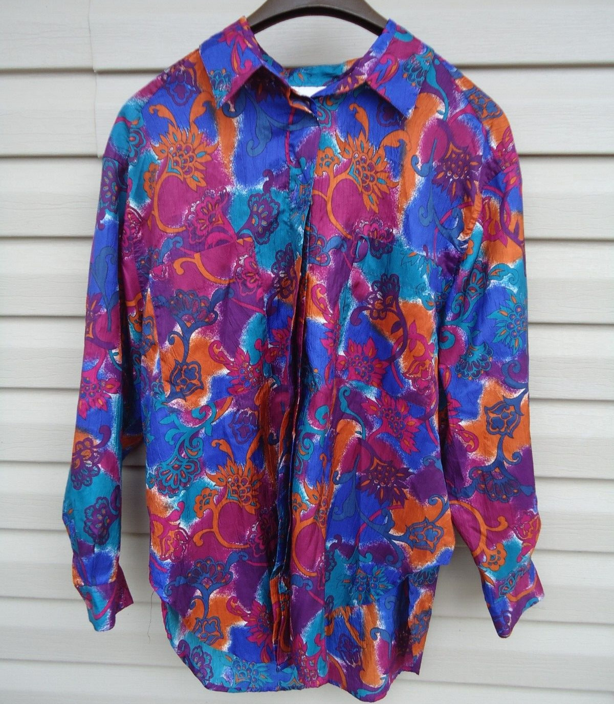 VTG 80s 90s Floral Button Up Blue Teal Purple Women’s 10 All Over Print READ