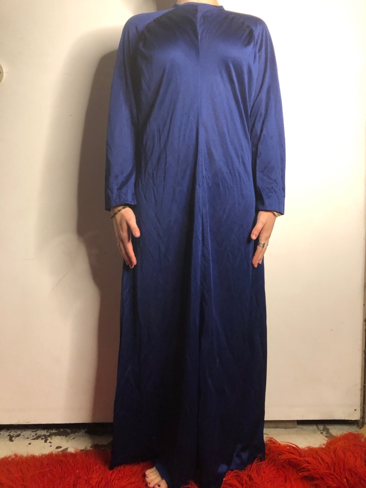 Vintage 1970s US Papillon Navy Blue Maxi Dress Polyester Grannycore AU 12 14 40″