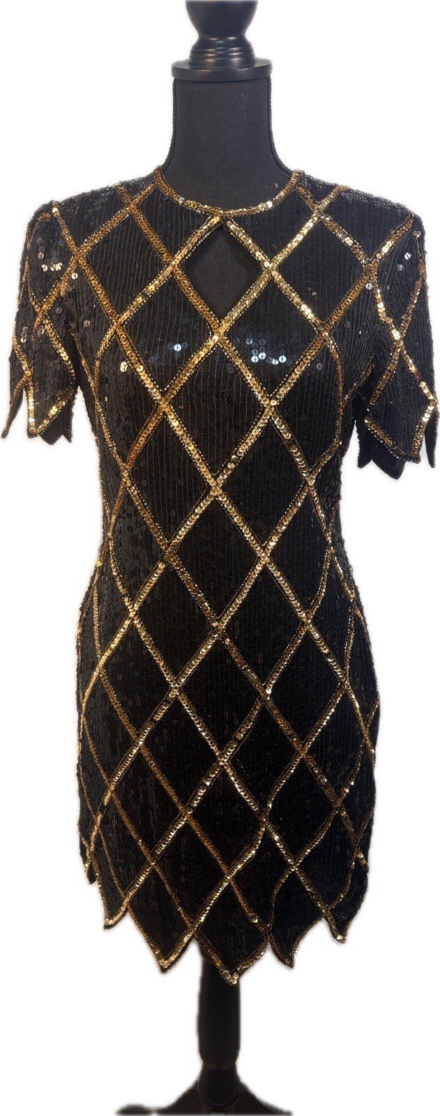 VTG 80s 90s Sequin Dress Black Gold Diamond Grid Geometric Cocktail Party Sz PM