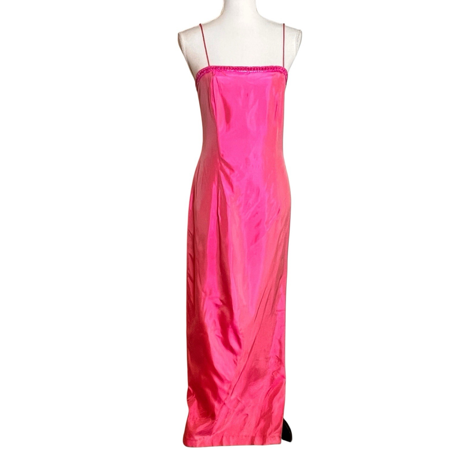 Vtg 90s Y2K Blonde Nites Pink Satin Beaded Slip Maxi Dress XS/S Stains Cleaning