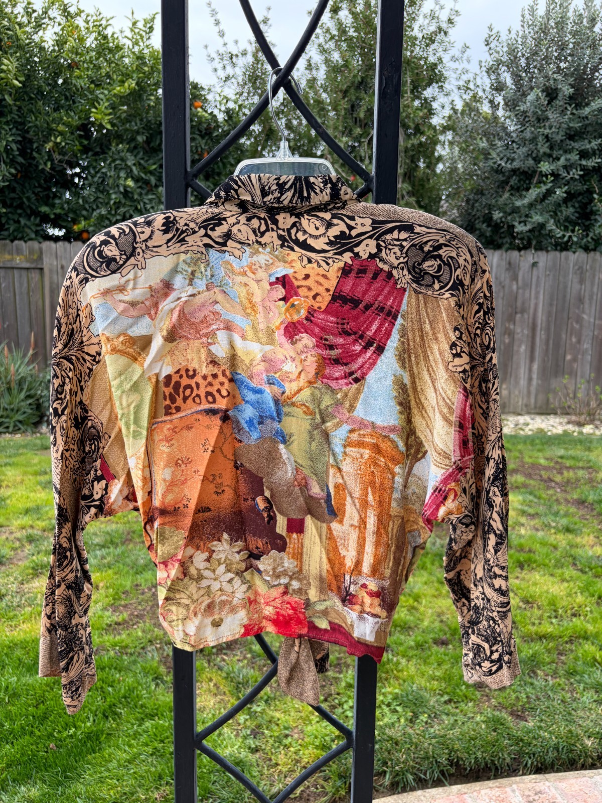 CAROLE LITTLE Vtg 90s Rococo Crop Top Cherubs Cathedral Front Tie Boho sz 6 /297