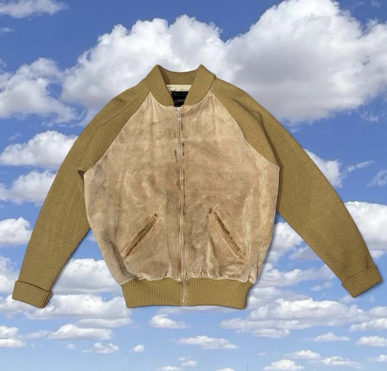 1970s JCPenny Beige/Yellow Cowhide Split Leather Bomber Women’s XL VTG YKK