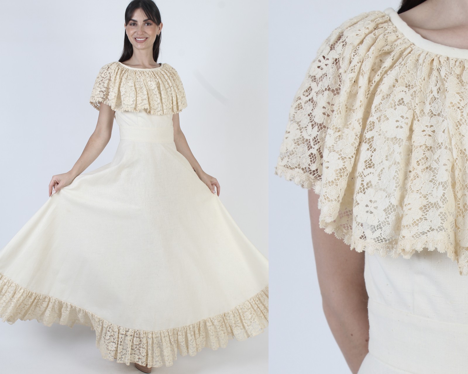 Vintage 70s Cottagecore Dress Cream Lace Capelet Long Wedding Boho Cotton Gown