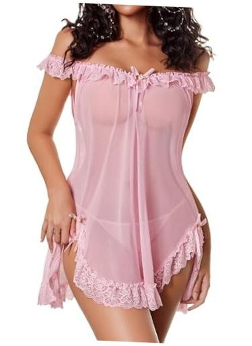 Women 2 Piece Babydoll Lingerie Set Sheer Mesh Lace Slip Nightgown Medium Pink