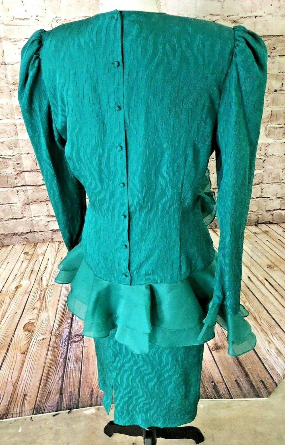 Vintage 80s Rina di Montella Emerald Green Silk Peplum Big Flower DYNASTY Dress