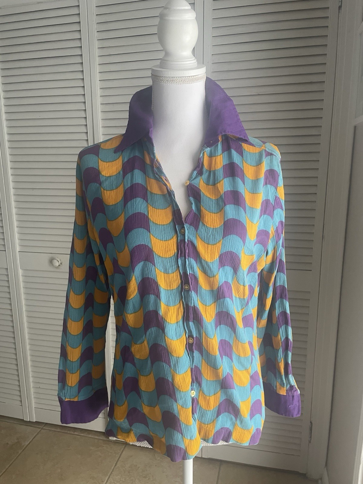 Vintage Wahls Sweden Blouse 60s Geometric Button Down Collar Cotton Size 42
