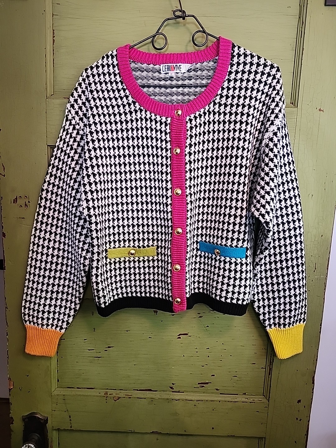 Vintage 1990’s L’eau Vive Cardigan Sweater Houndstooth Black White Pink Blue…