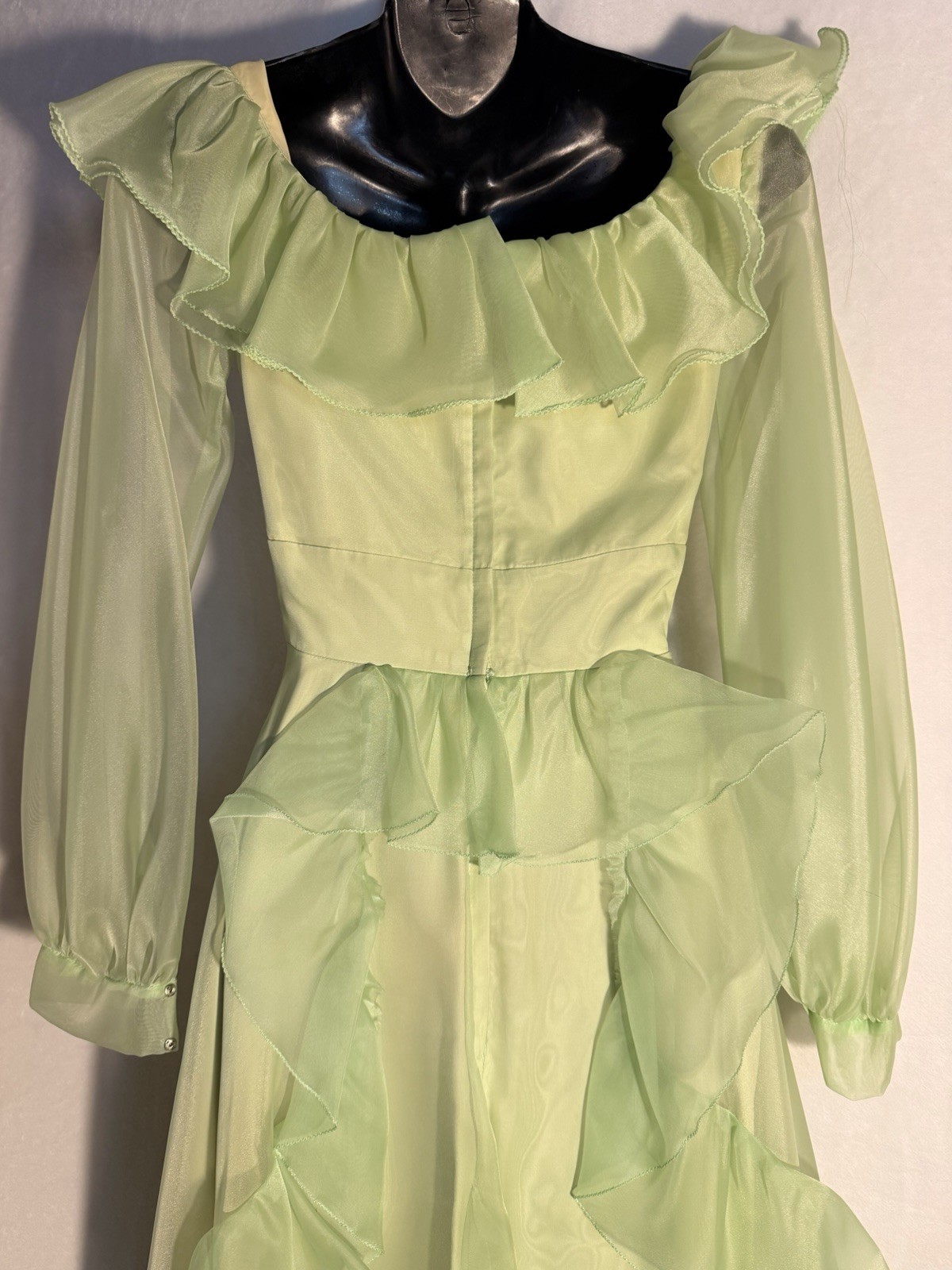 Vtg Mint Green Puffy Long Sleeve Maxi Cottagecore Prairie Ruffles Rare Dress