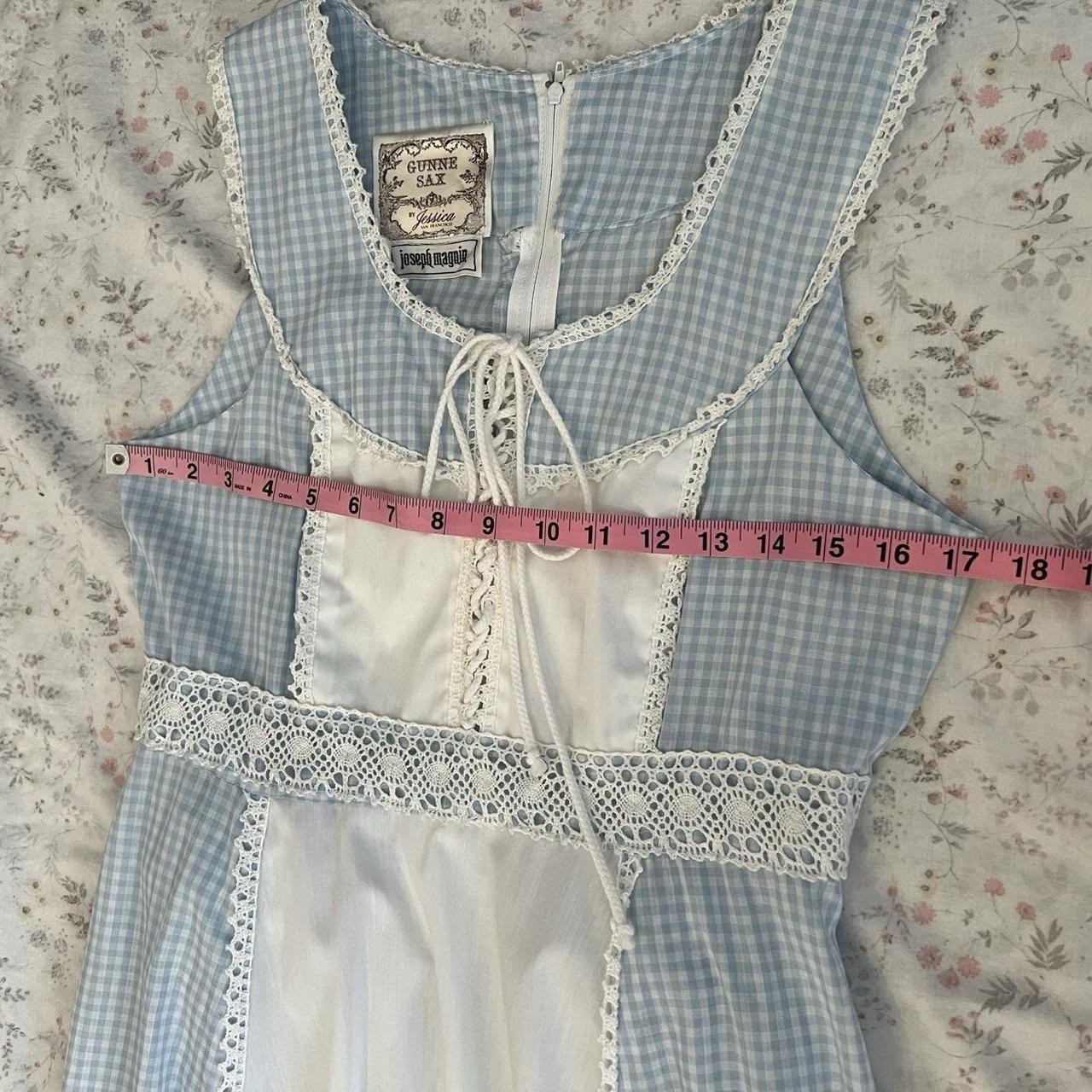 Vintage 70s Gunne Sax Maxi Dress Size 11 Gingham Blue Corset Front Crochet Lace