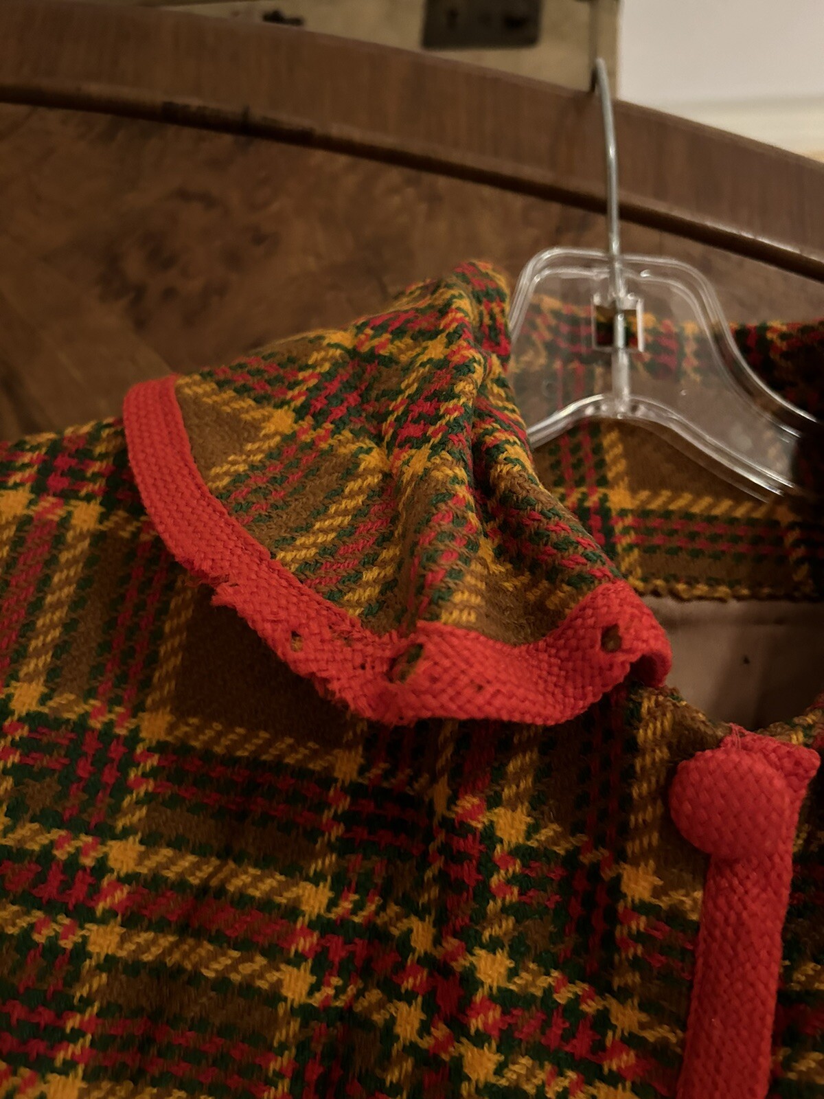 Vtg mid century plaid cape jacket fringe groovy modern boho needs repair on trim