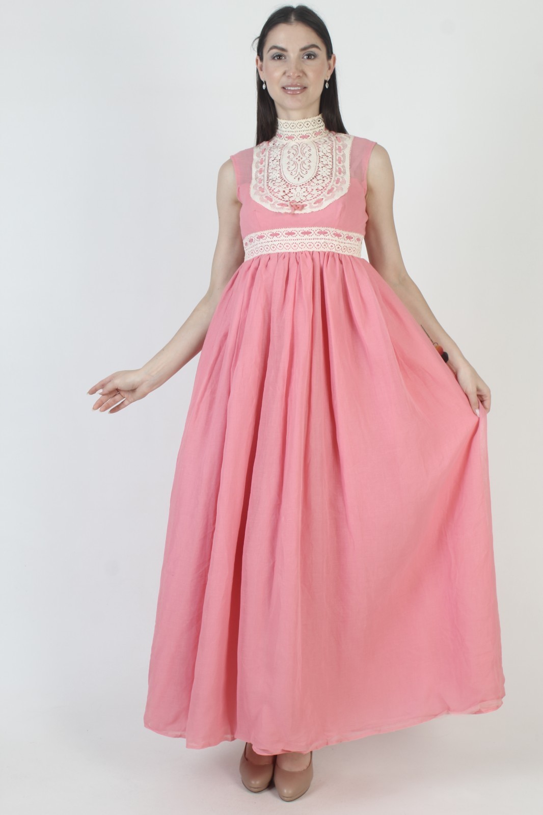 Vtg 70s Pink Prairie Dress High Waist Crochet Lace Victorian Boho Wedding Gown