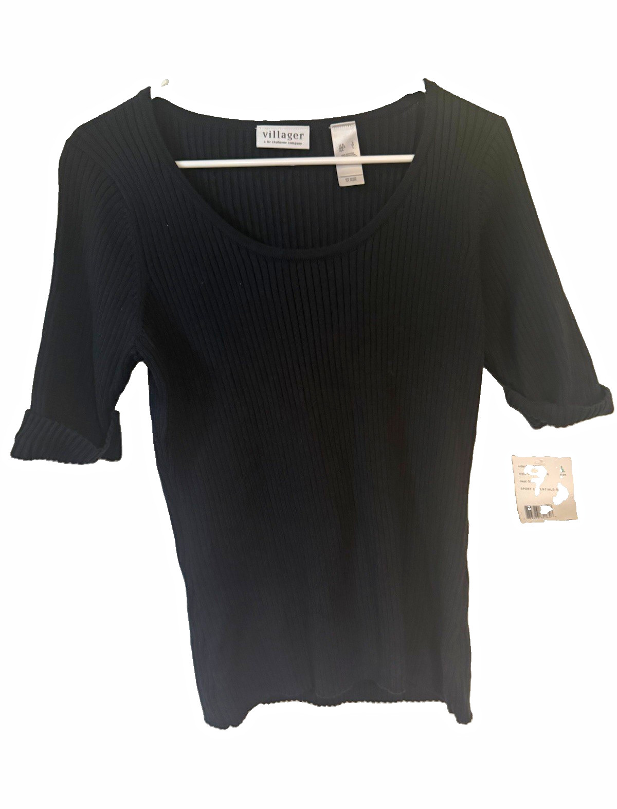 Vintage Villager Ribbed Knit Top Women Large NWT Scoop Neck Black Short Sleeve