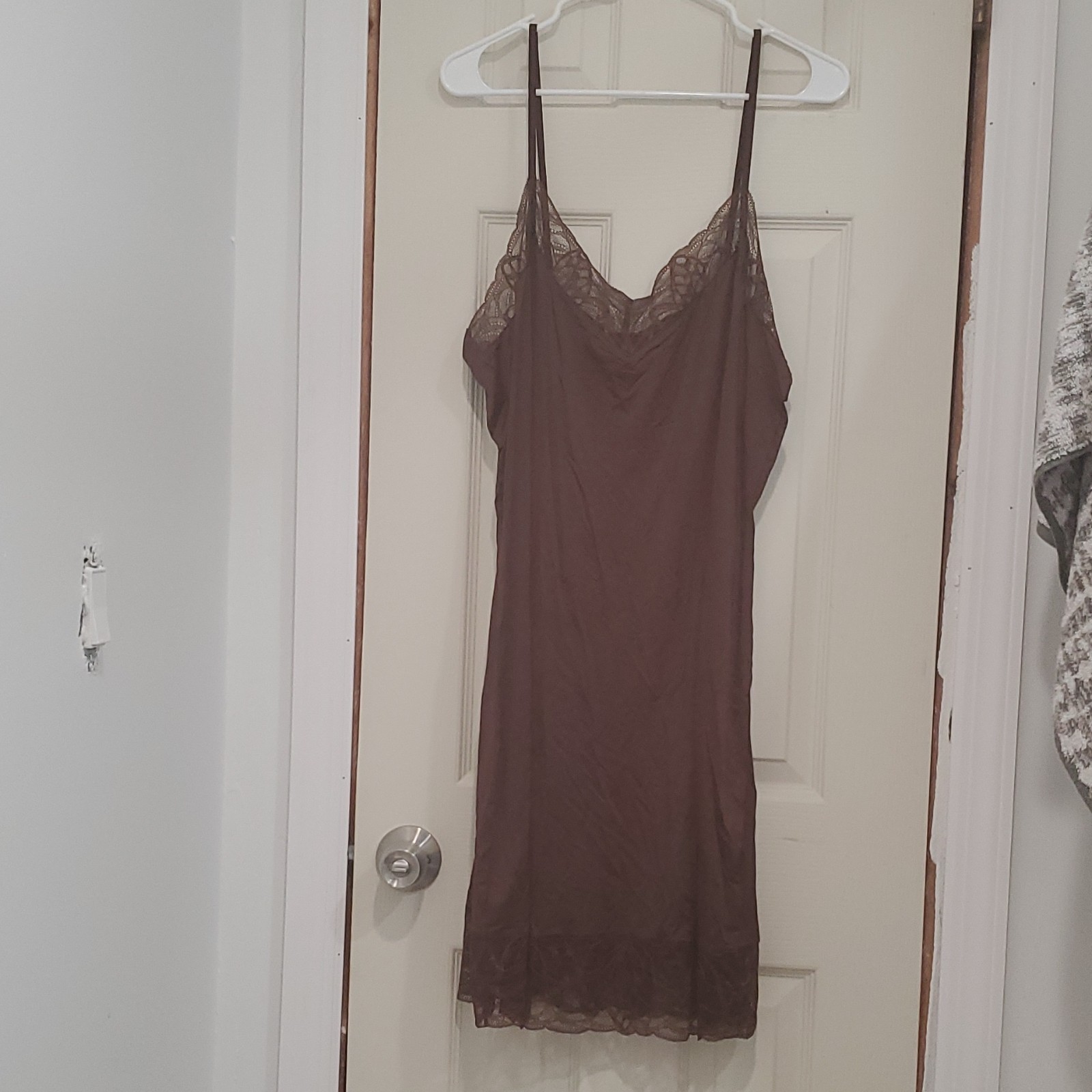 HANRO Elia Lace Trim Slip Chemise XL Brown Spaghetti Straps