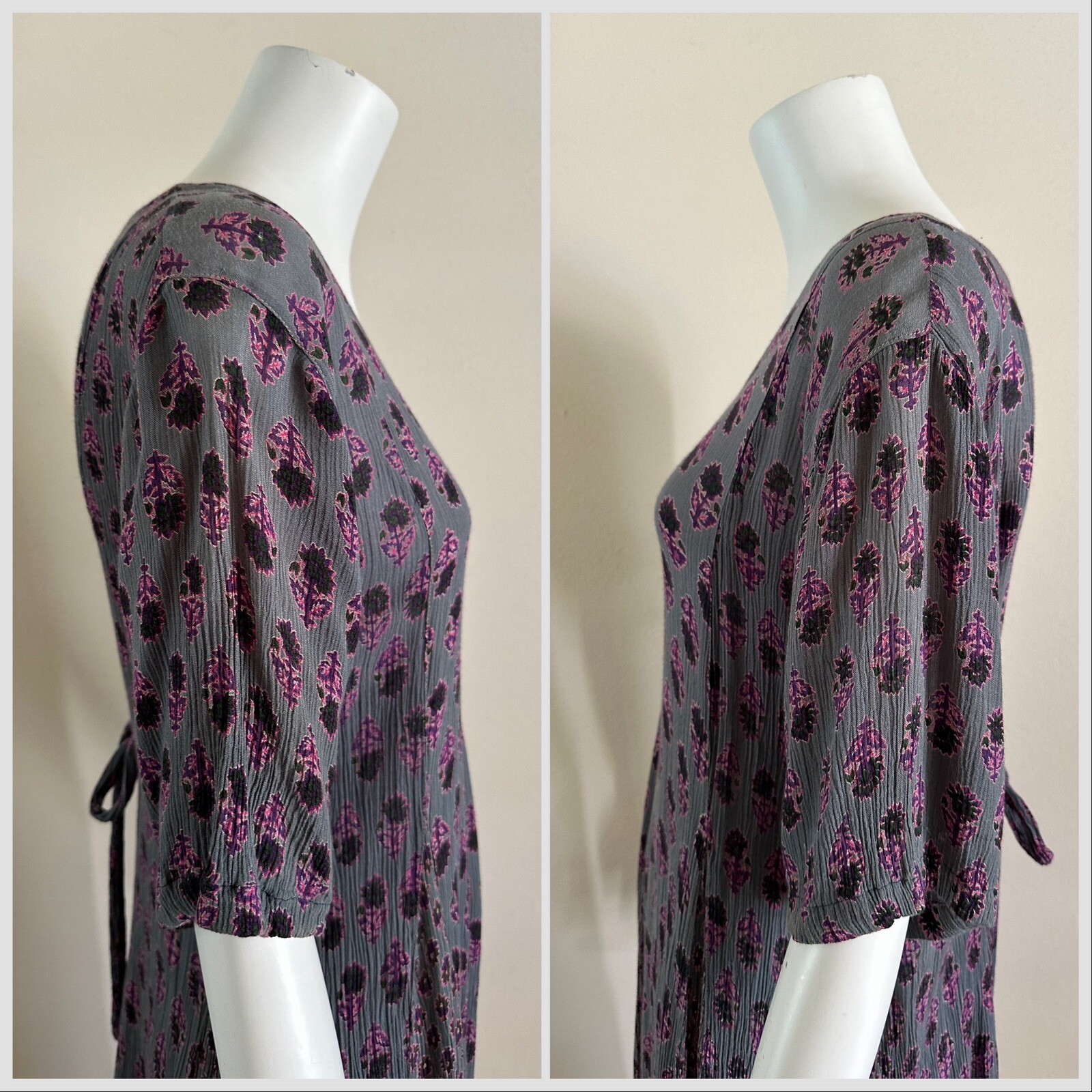 1990s Indian Block Print Rayon Gauze Tie Back Dress Grunge Floral Punk M 90s VTG