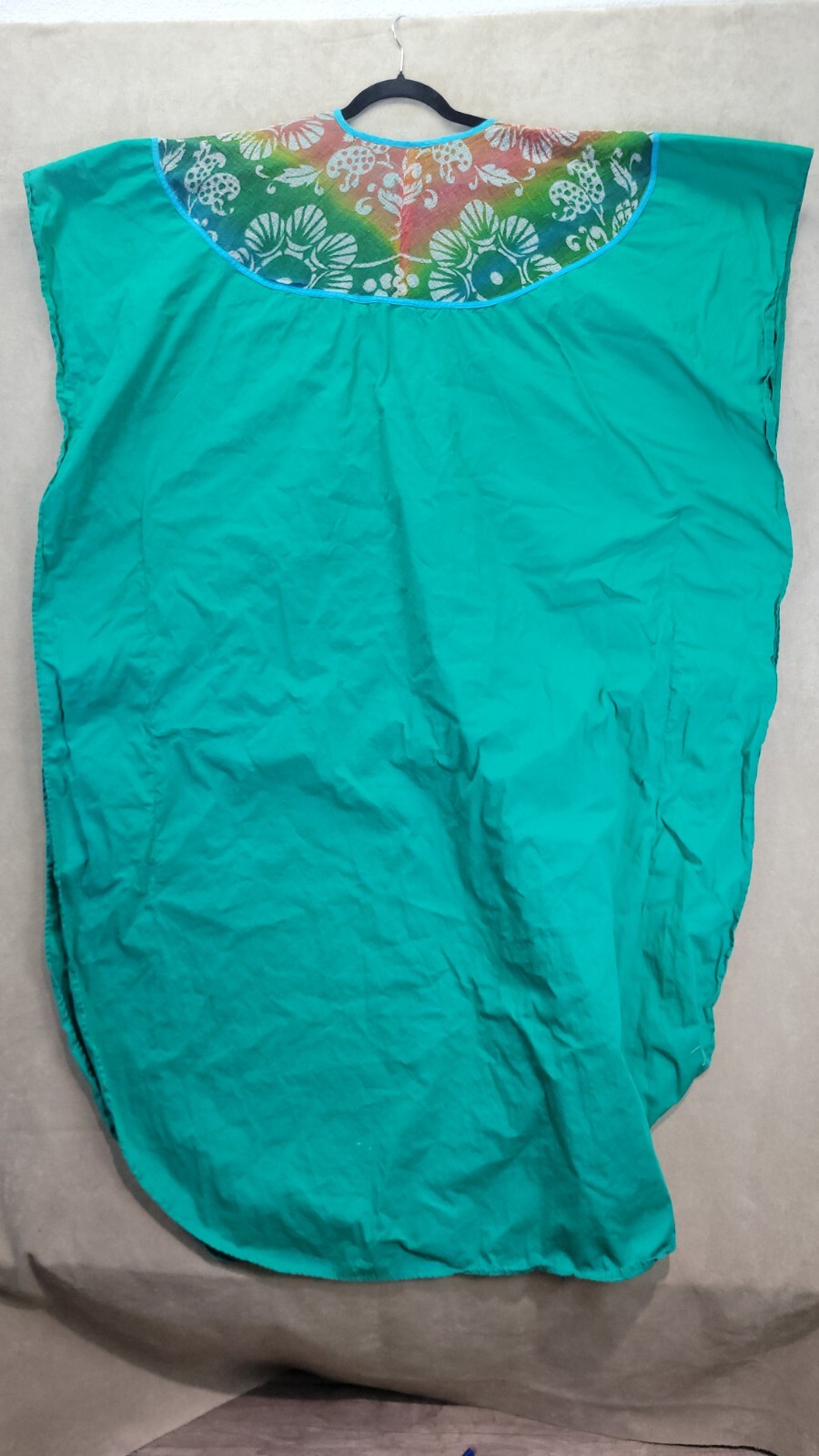 Vintage Womens Teal Muumuu With A Multi Colored Cheese Cloth Vneck Design