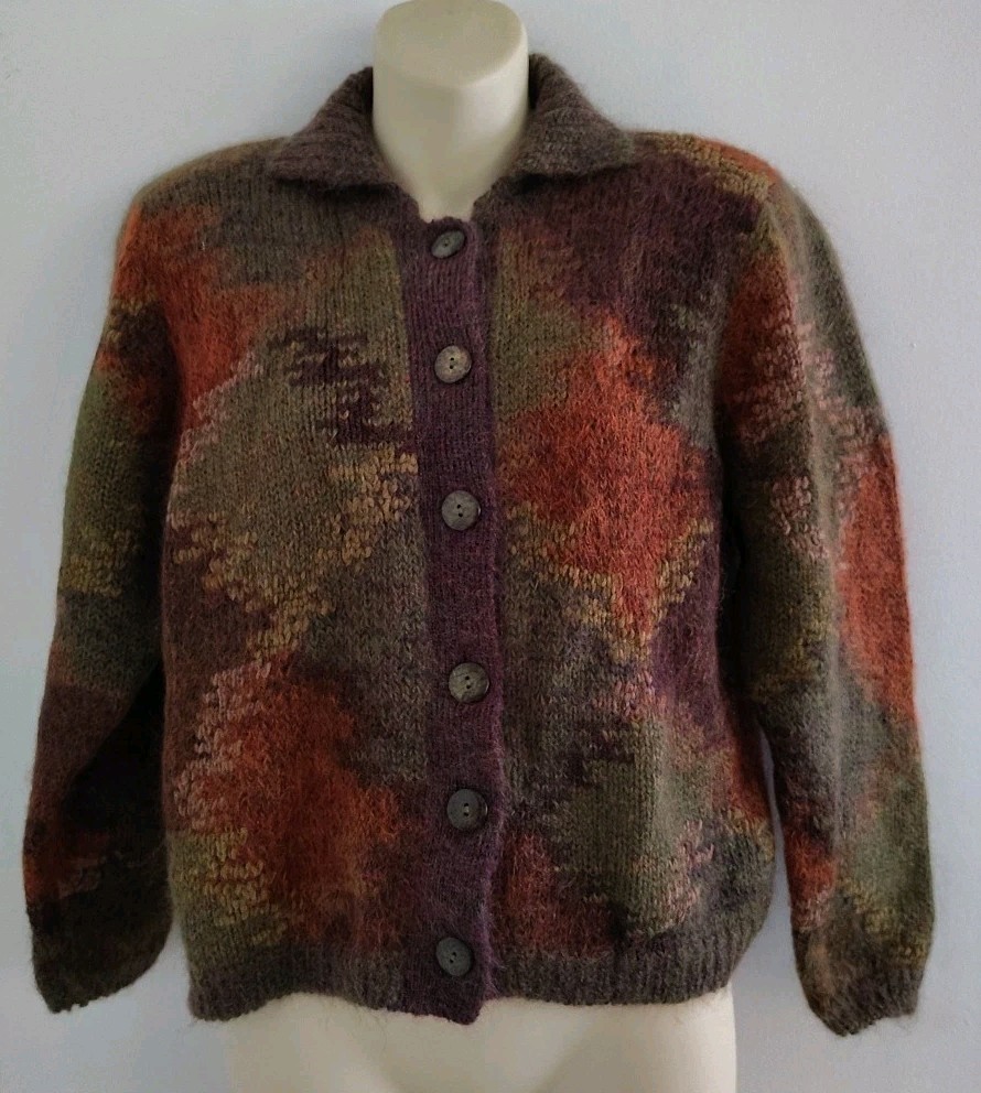 Vintage 80s Jeanne Pierre Multi Color Lambswool Angora Cardigan Sweater Size M