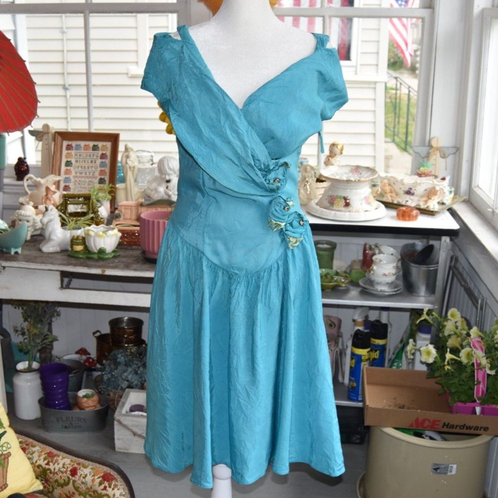 Vintage Dance-Allure Alfred Angelo Turquoise Party Dress ILGWU Made USA Small