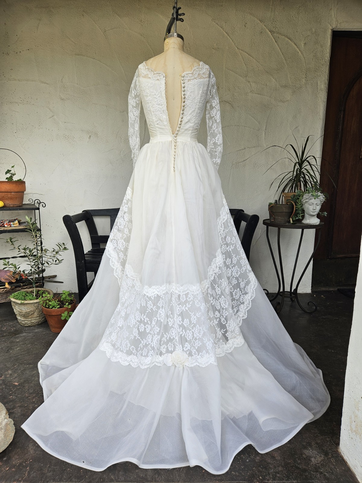 Vintage 1950s Silk Wedding Dress Cinderella Ballgown Lace Sleeves Basque Waist M