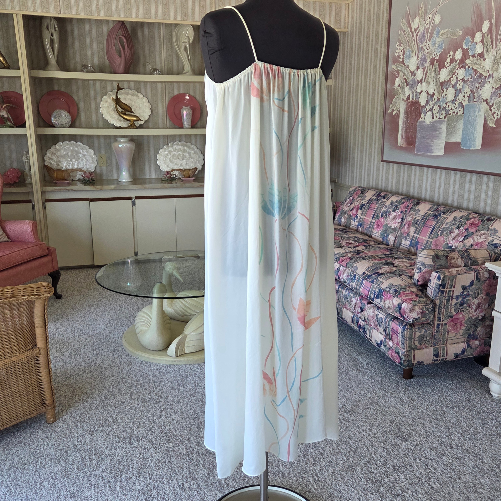 Vintage Mary McFadden S Dress Pastel Floral Lotus Pink Blue on Cream Bow Strap