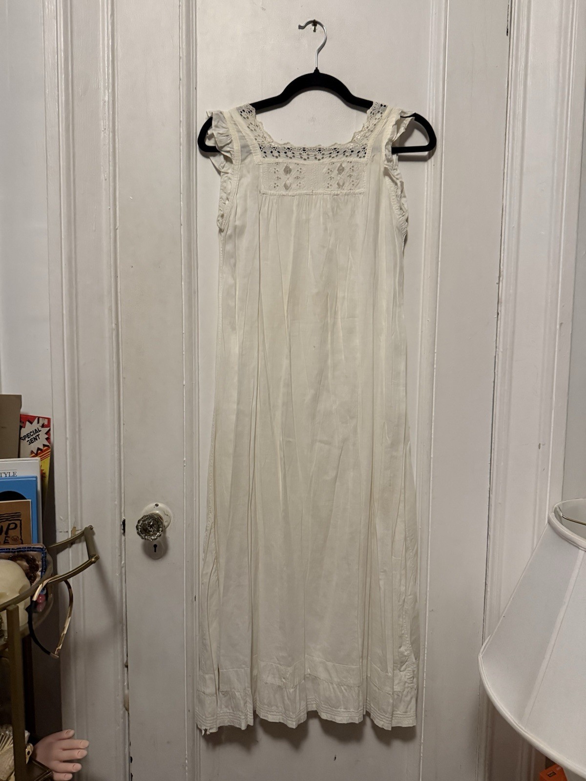 Antique 1910s Edwardian White Cotton Chemise Nightshirt Floral Embroidery Eyelet