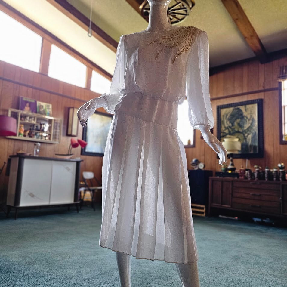 Vintage 80s Sheer Disco Winter White Gold Glitter Flame Blouson Party Dress S/M