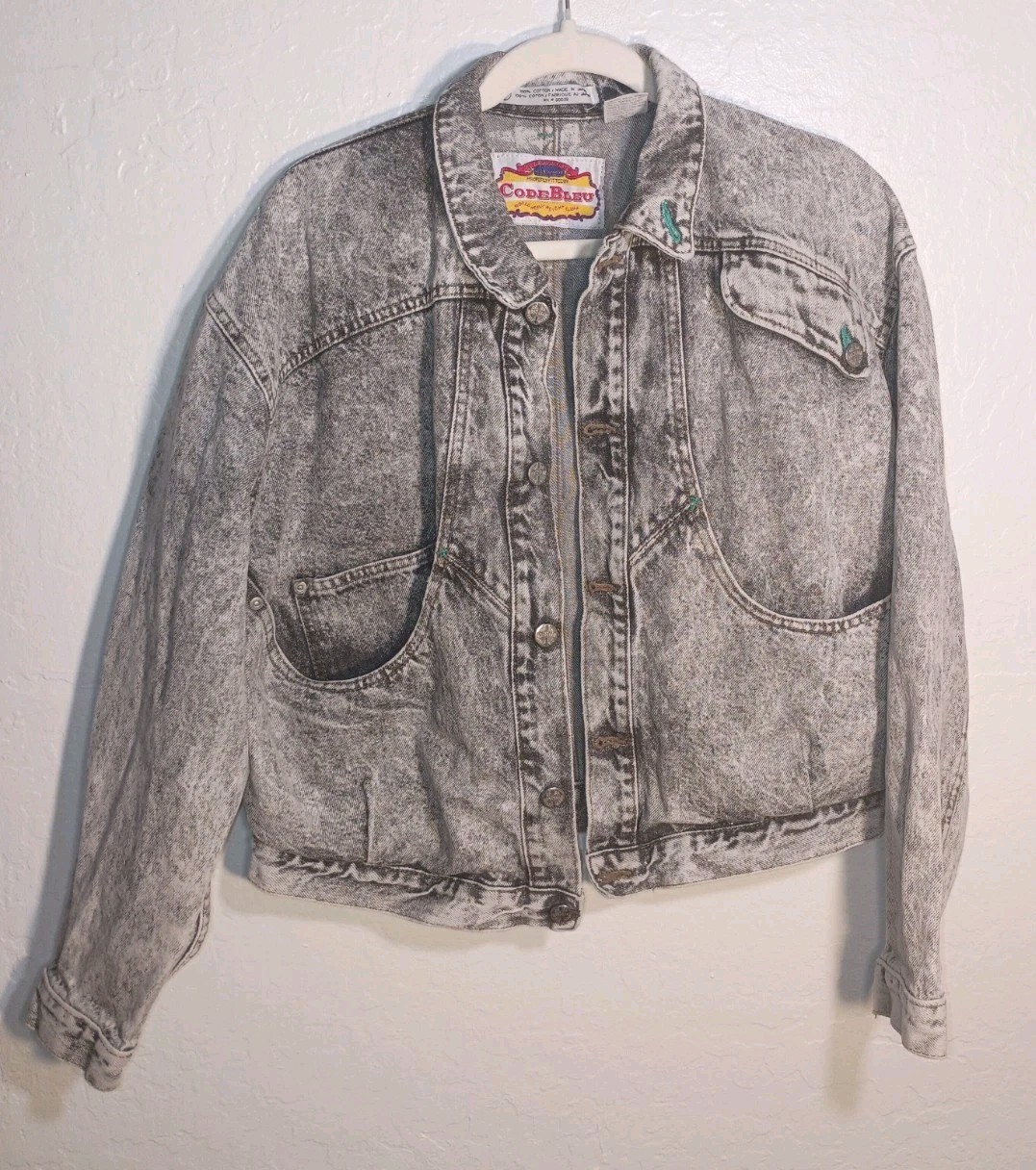 VTG Code Bleu Denim Jacket M 80s 90s Acid Wash Gray Black Cropped Made in