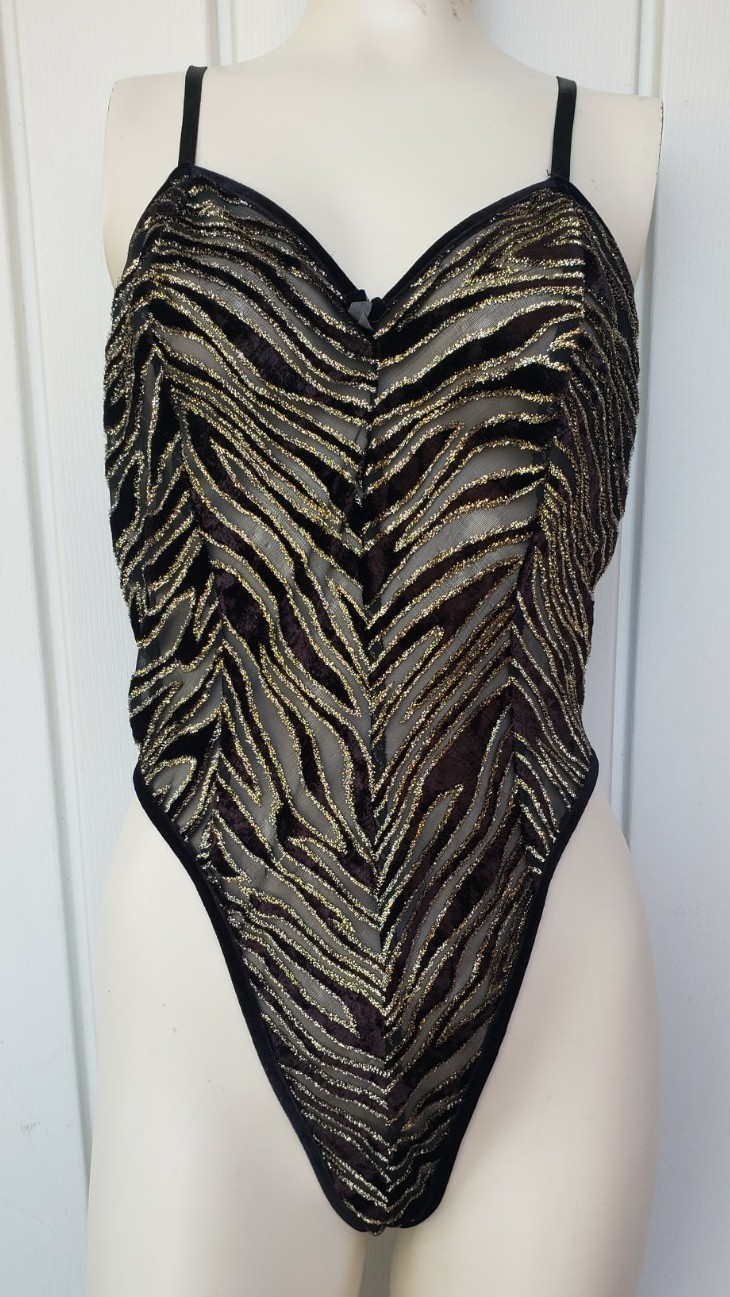 Vintage MAIDENFORM Velvet Silver Metallic Mesh Teddy Playsuit Size Medium Black