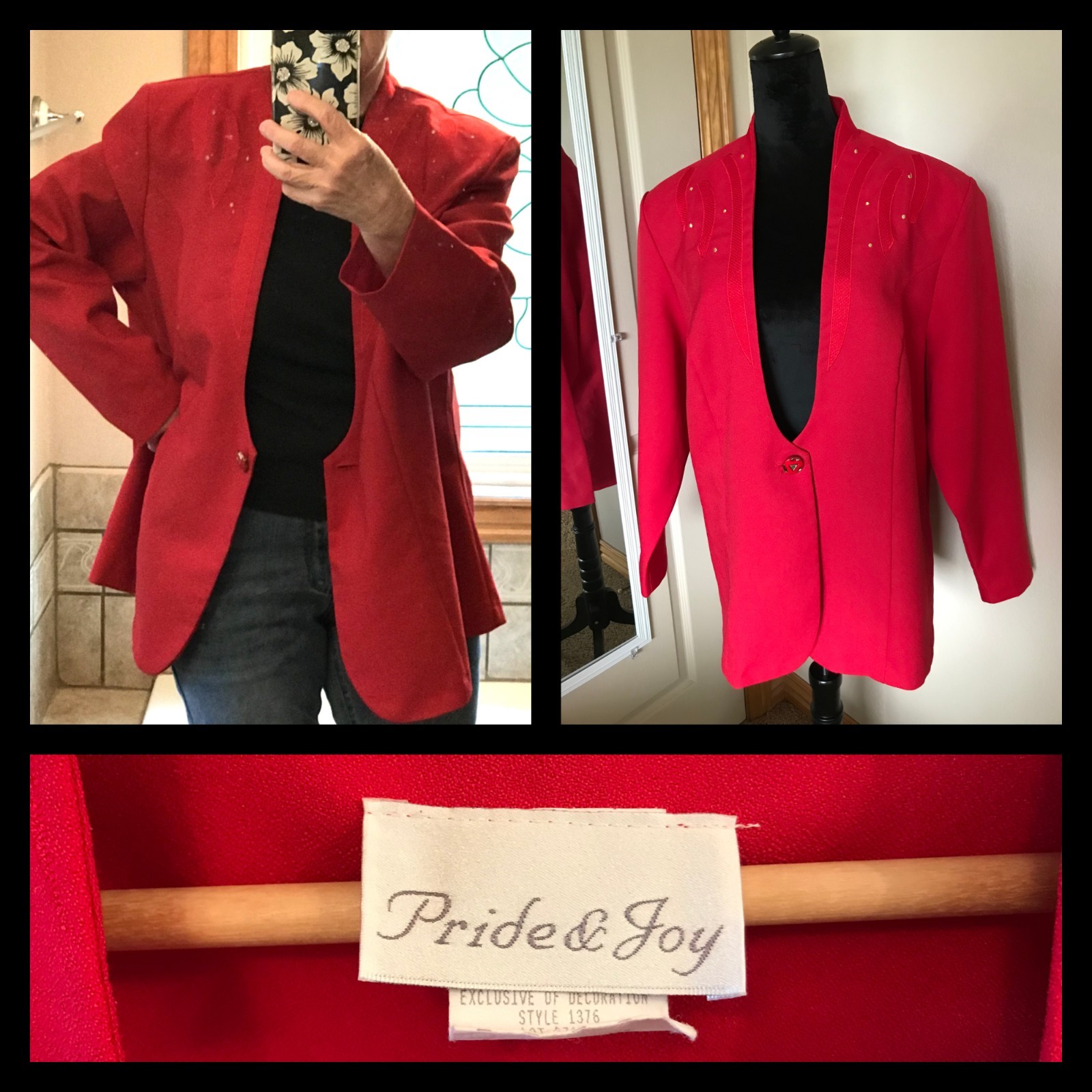 VTG 70s Pride & Joy Blazer, Deep Scoop Neck Red Geometric Print Gold Dots Sz 22W