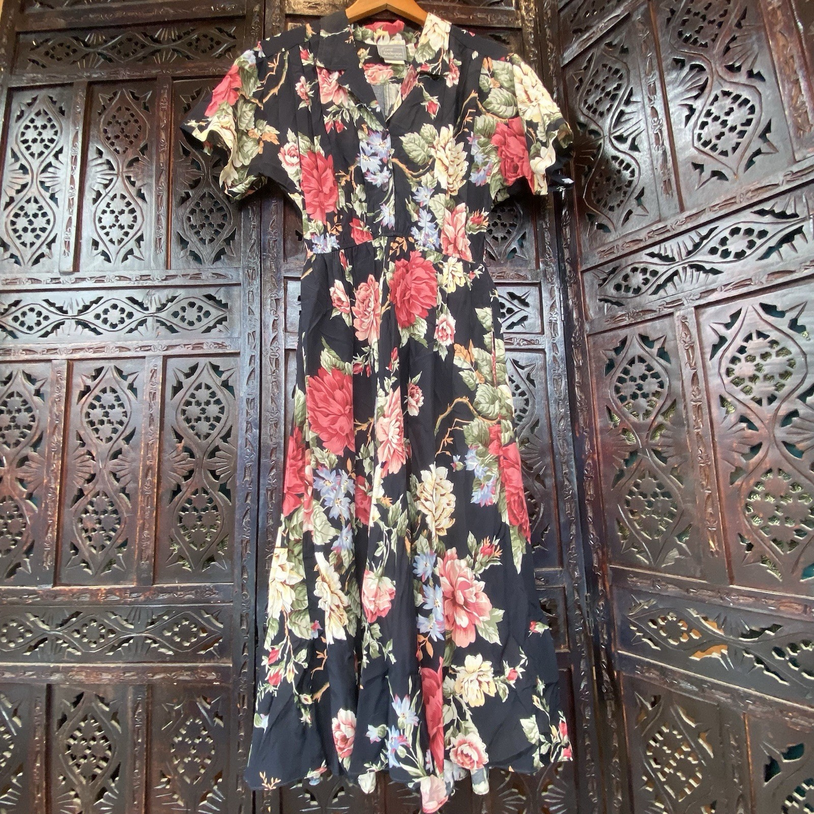 VTG CAROL ANDERSON Floral Rose Shirt Dress Womens M P Navy Blue Short Sleeve 90s