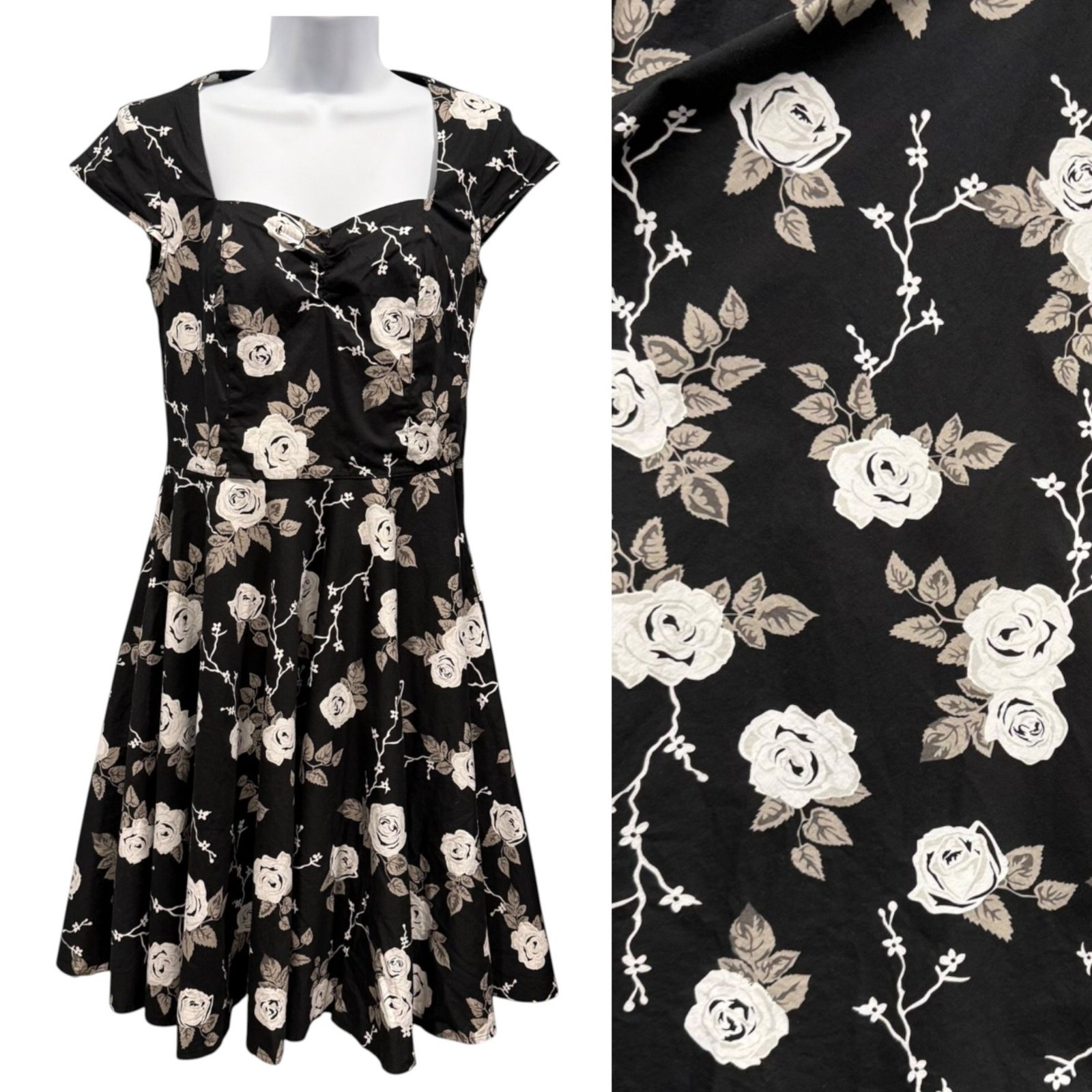 Hell Bunny Vixen Pinup Swing Dress Black Floral Rose Gothic Rockabilly Size M