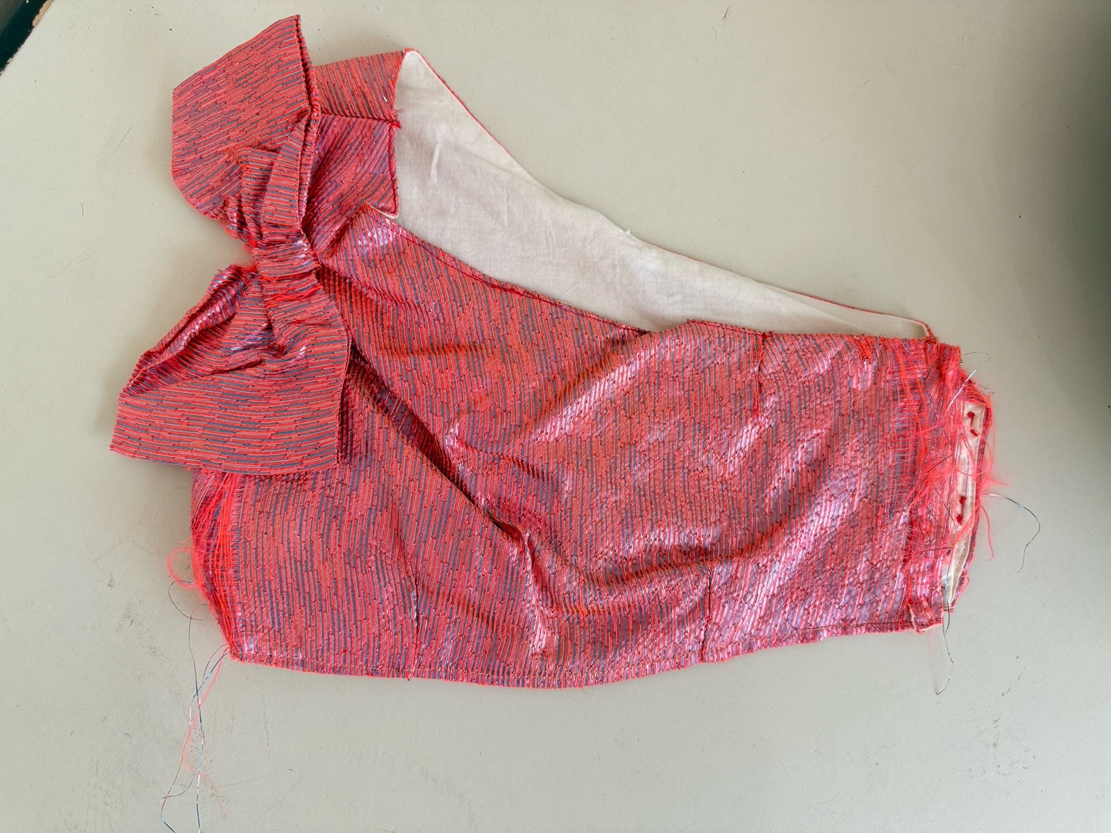 Vintage costume top-Crop shirt-Metallic-Pink-Blue-Cold Shoulder-Bow-Dance-XXS