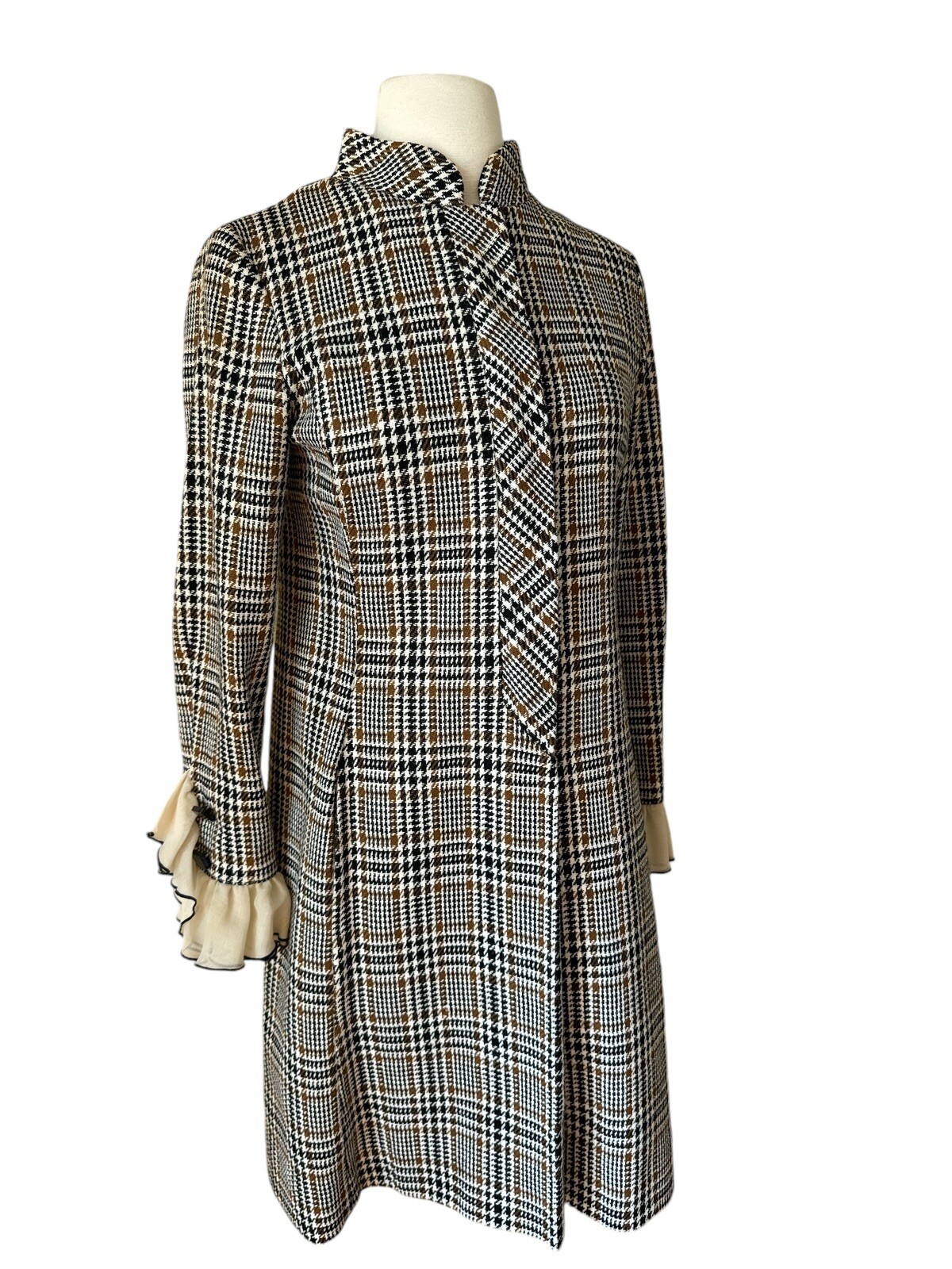 Vtg Mod Saks Fifth Avenue Brown Black Wool Tweed Plaid Dress Mandarin Collar M