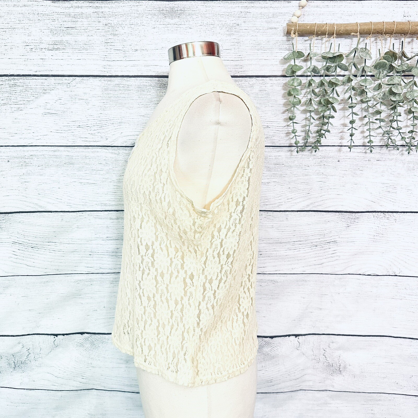 Vintage Cream Ivory Lace Tank Top Lacy Afternoon by Shell Kepler Cottagecore XL