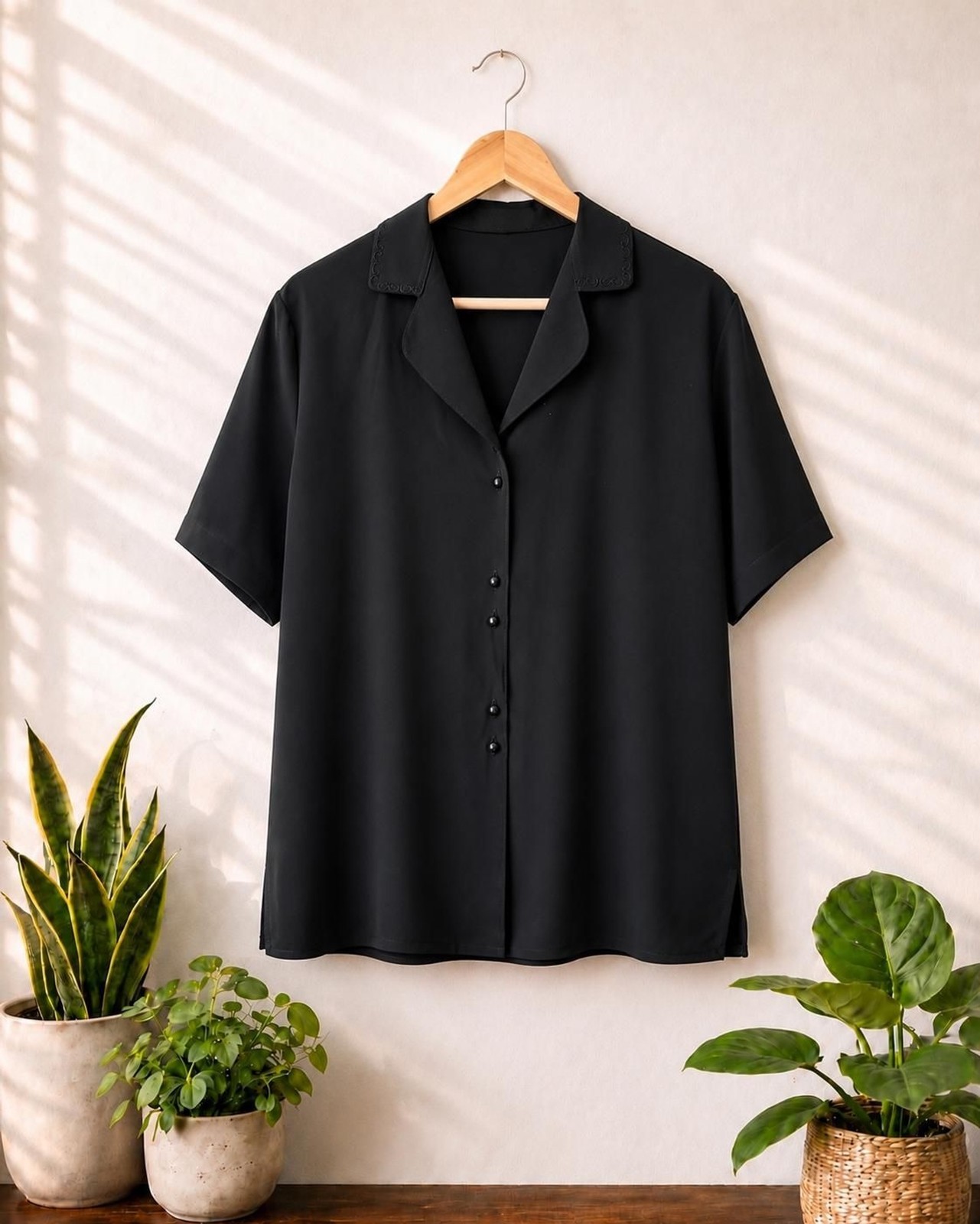 Vintage 90s Black Embroidered Collar Oversized Short Sleeve Button Up Blouse