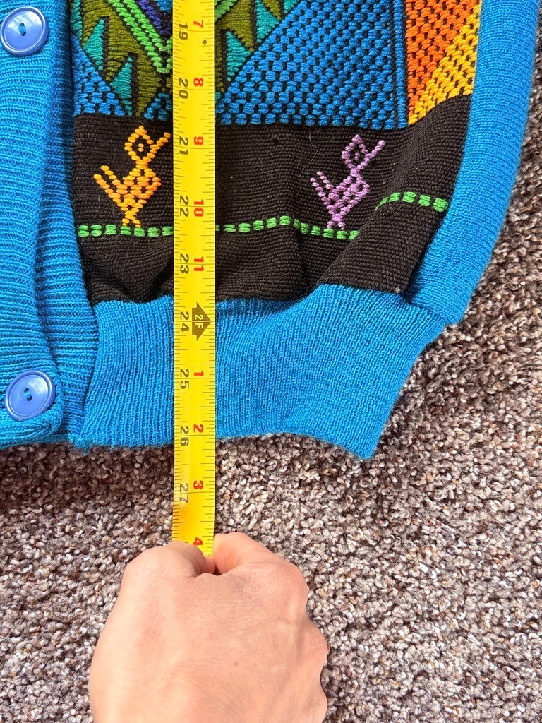 Vintage 80s Geometric Cardigan Sweater Blue Bold Retro Knit S/M