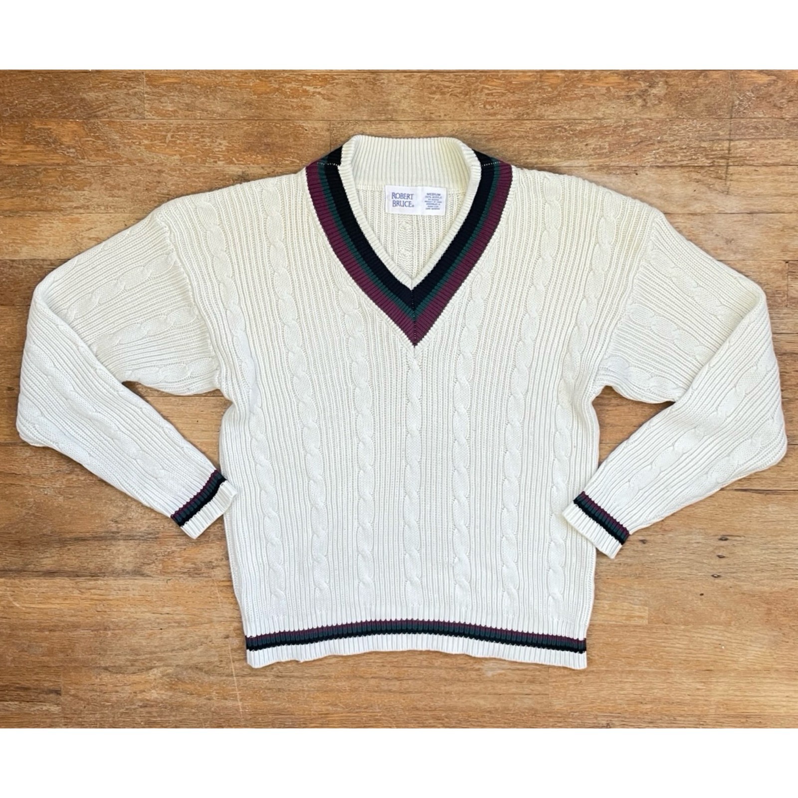 Vintage Cable Knit Sweater Size Large 60s Knit Orlon Acrylic Striped V-Neck Kni