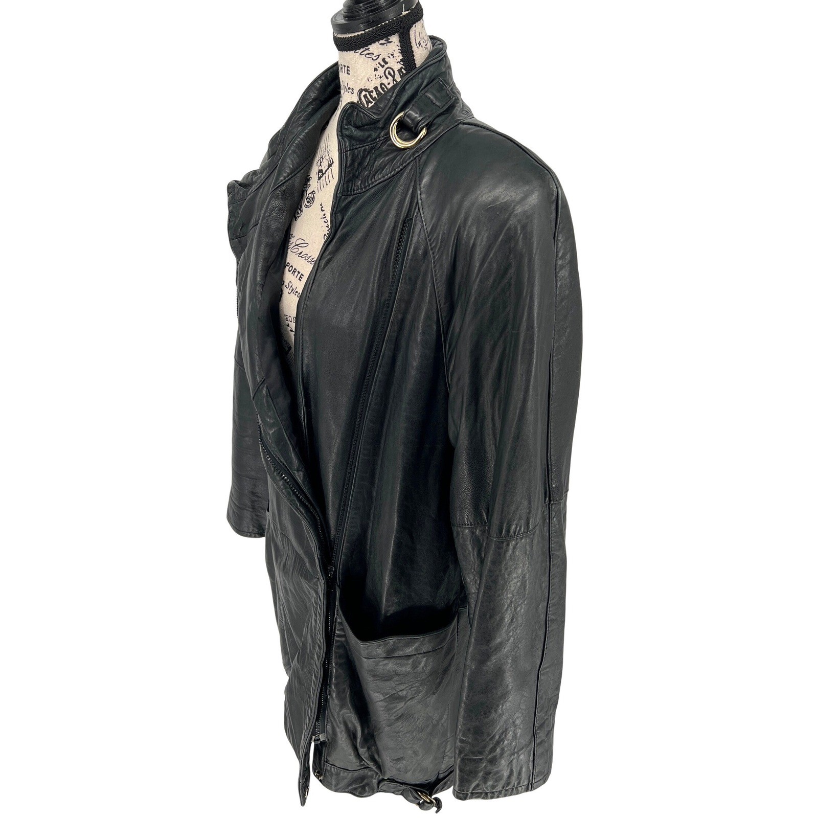 Vintage G-III Leather Fashions Oversized Black Leather Jacket Drawstring Waist