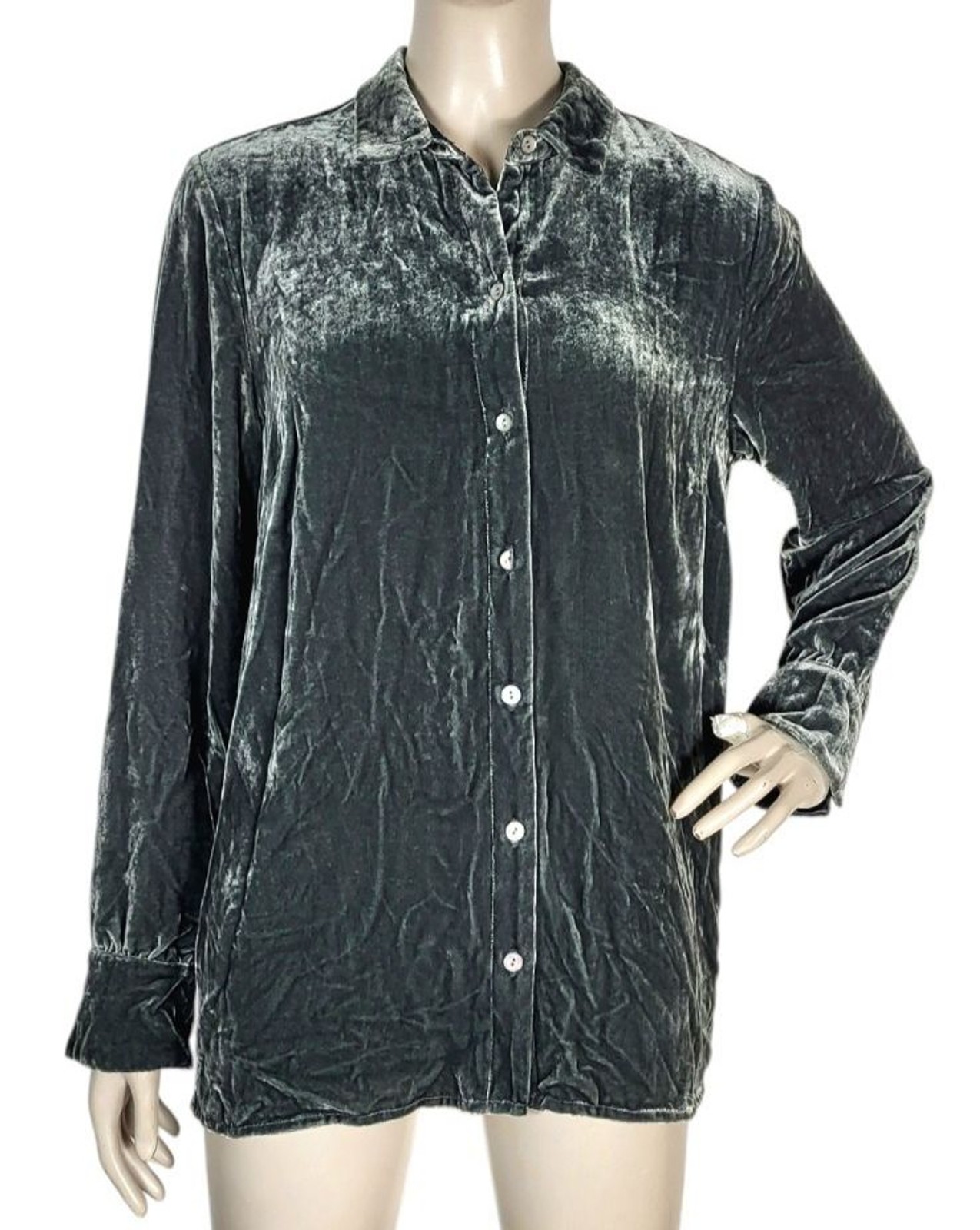 Vintage 90s J. Jill Grey Crushed Velvet Silk Rayon Button-Down Blouse Size Small